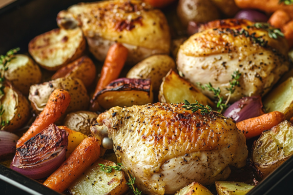 Image of Baked Chicken with Vegetables Recipe in a pan.