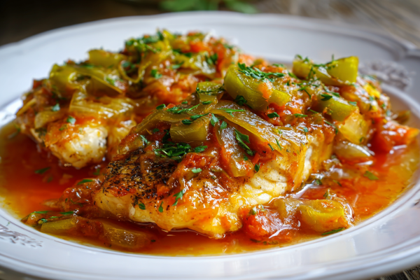Image of Baked Fish with Creole Sauce recipe on a plate