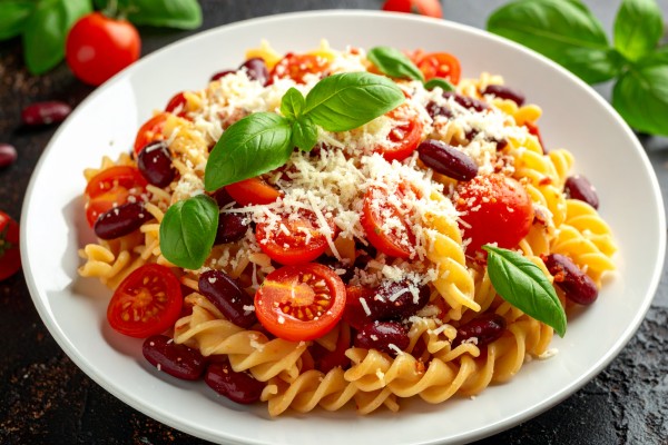 Image of Tomato Basil and Bean Pasta Salad recipe on plate.