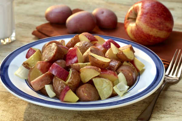 One-Dish Roasted Potatoes and Apples with Chicken Sausage on a plate