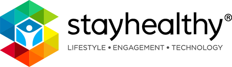 text logo for the Stay Healthy Company which also contains a rainbow shaped letter S with a person in the center raising their arms in celebration