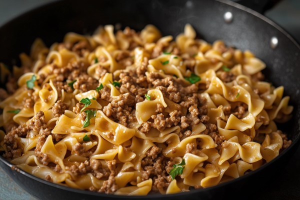 Image of Beef & Noodles Recipe in a skillet.