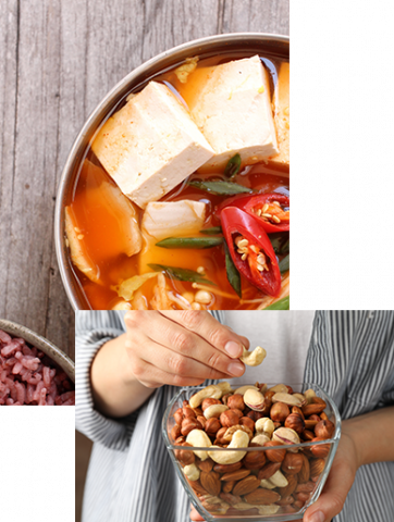 tofu soup and a bowl of mixed nuts